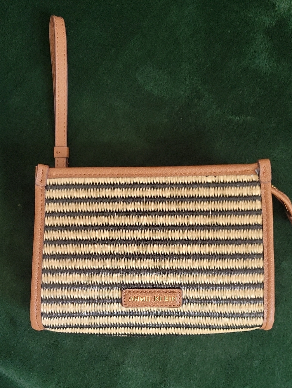 Anne Klein Striped Woven Wristlet Clutch Black Cream Tan Coastal Preppy Boho